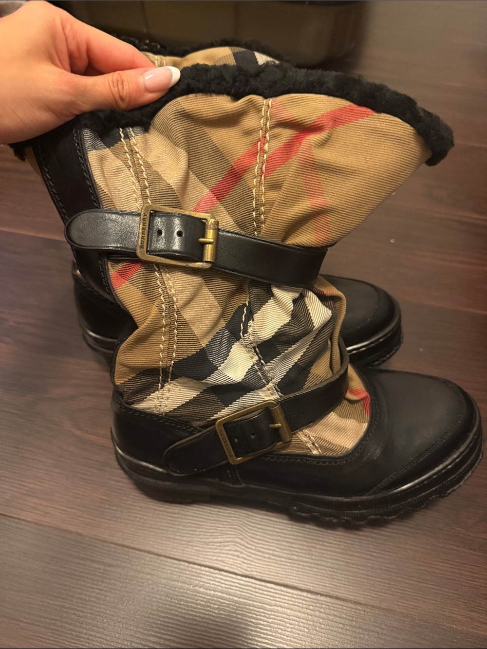 Burberry Tan Plaid & Black Leather Kids' Winter Boots